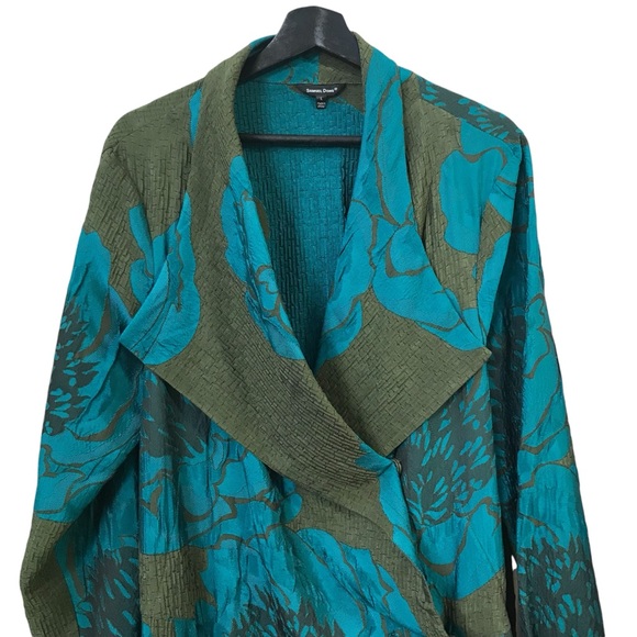Gorgeous Samuel Dong size L Turquoise Teal Green Coat Jacket Brocade Drapey - Picture 2 of 8